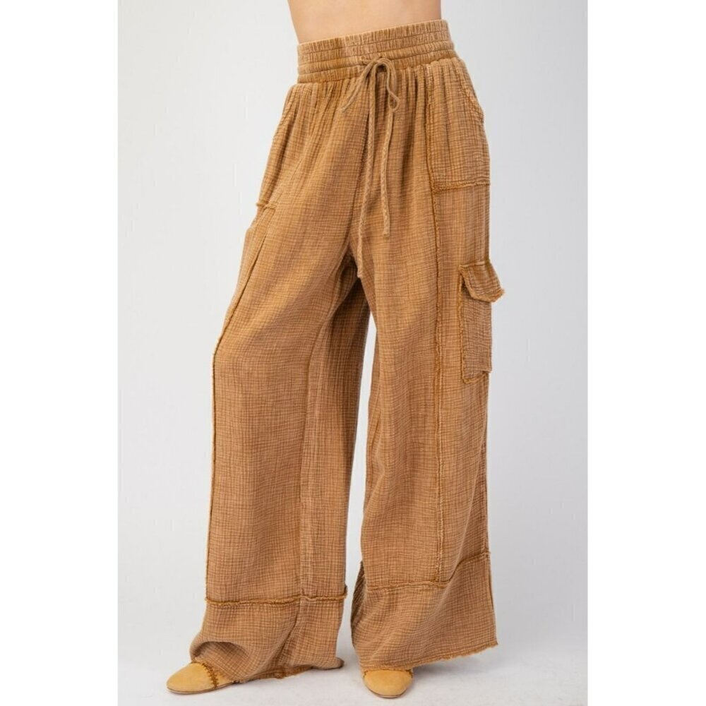 Roxie Cotton Gauze Mineral Washed Wide Leg Pants in Camel - Picture 3 of 5